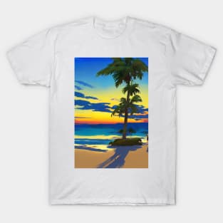 Summer Sunset Palm Tree Beach Ocean Art T-Shirt
